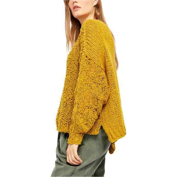 Free People Sweater Sunday Shore Open Knit V Neck Women Gold M NEW NWOT 441 - Picture 3 of 5